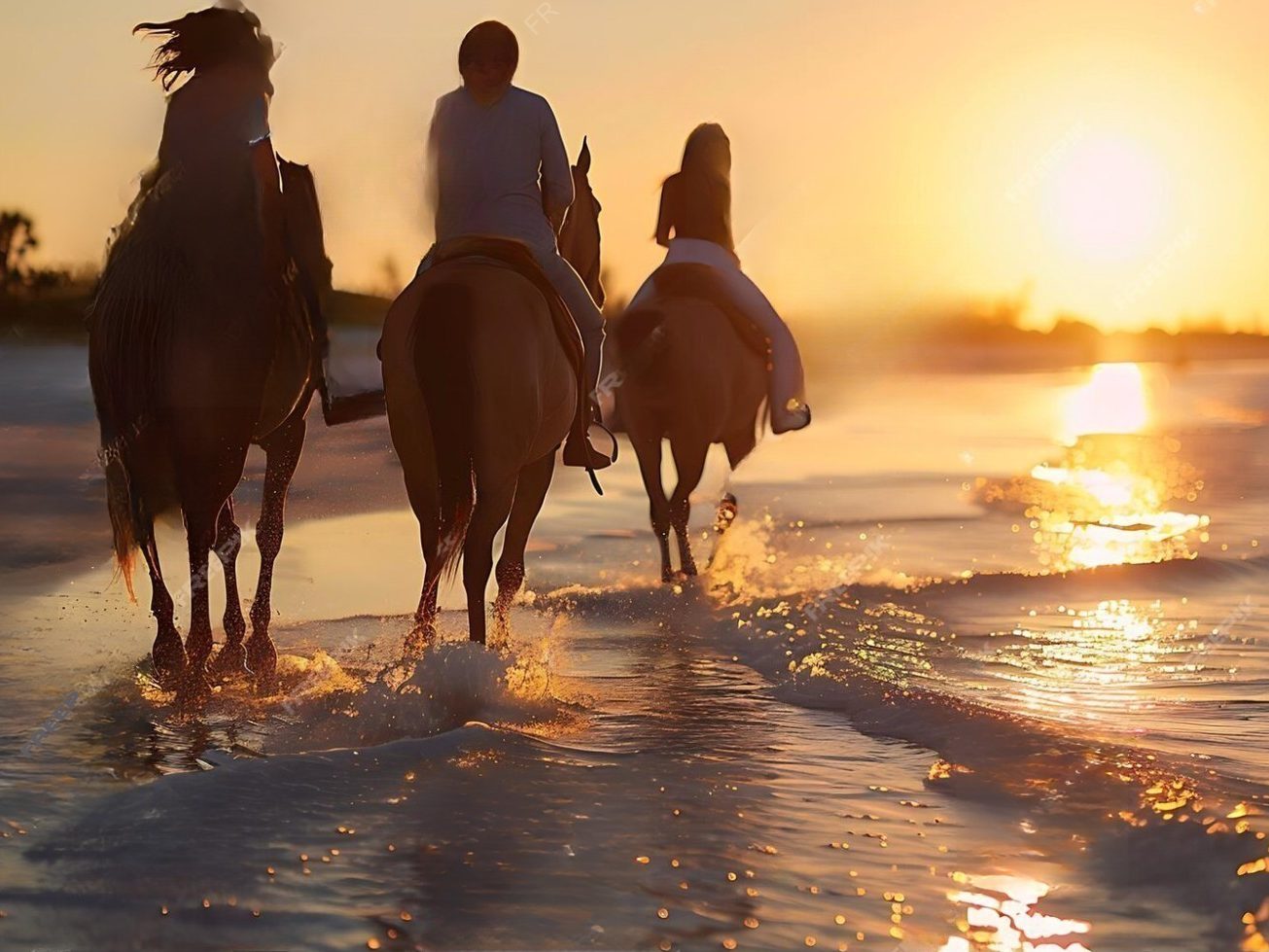Riders on the beach at sunset